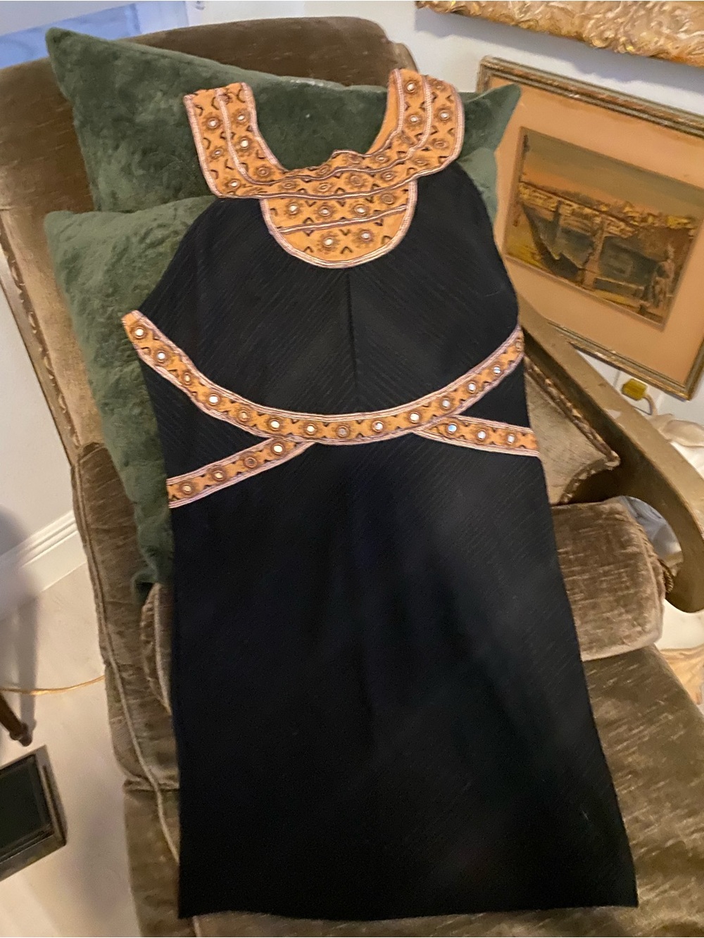 Free People Black Midi Dress with Tan Embroidered Trim